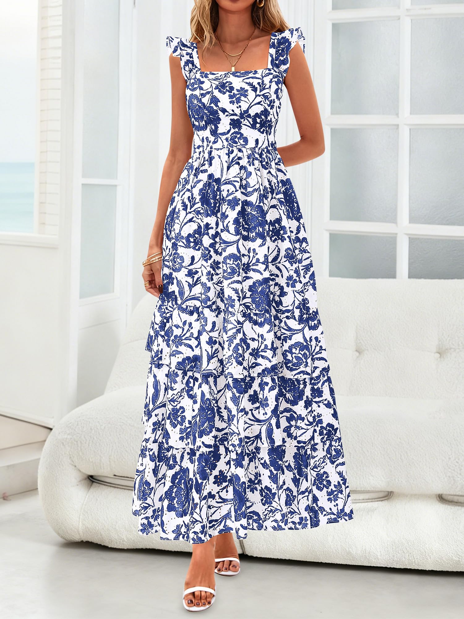 BTFBM Summer Dresses for Women 2026 Sleeveless Boho Floral Maxi Wedding Guest Dress Beach Vacation Clothes with Pockets(Floral White Blue,Large)