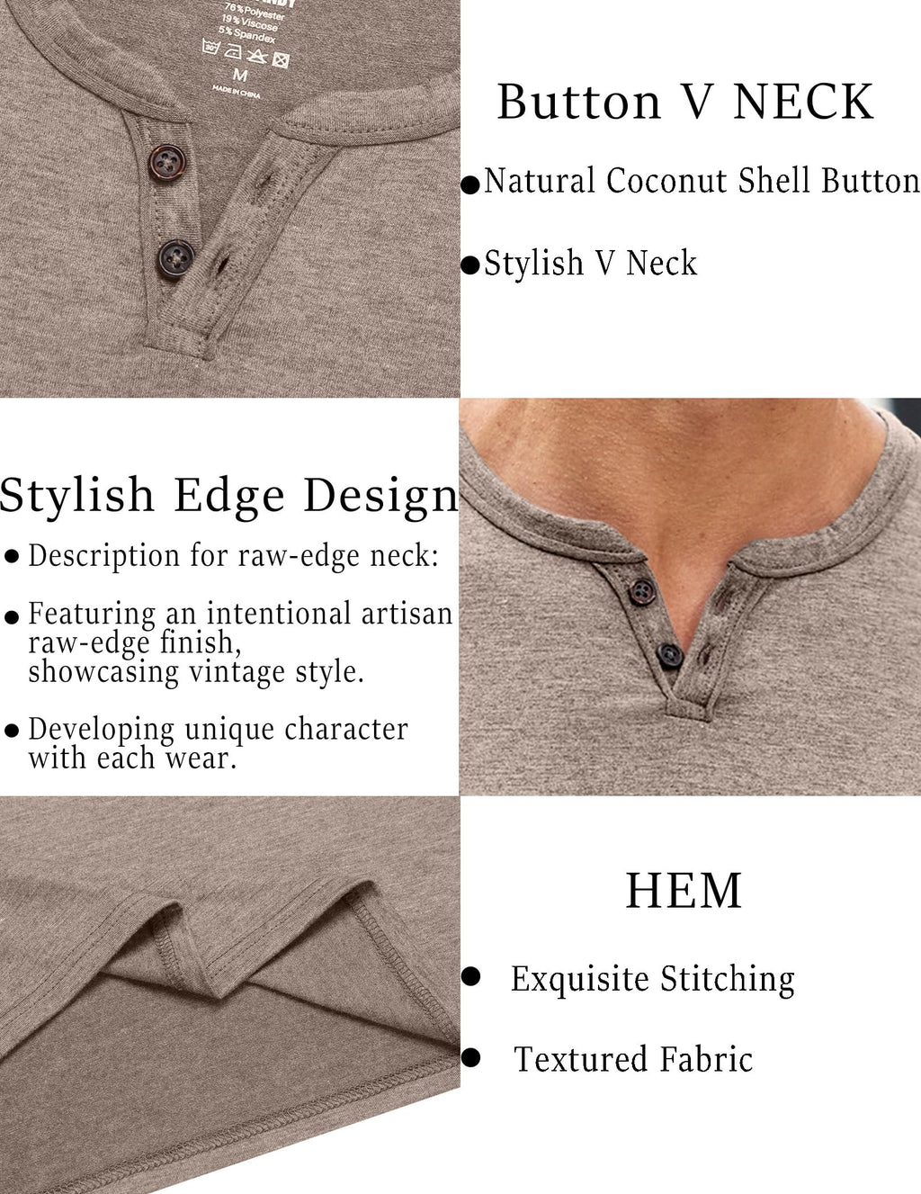 COOFANDY Men's Soft T Shirts Short Sleeve Burnout Notch Neck Tee Shirt Casual Stylish Summer Wear Khaki