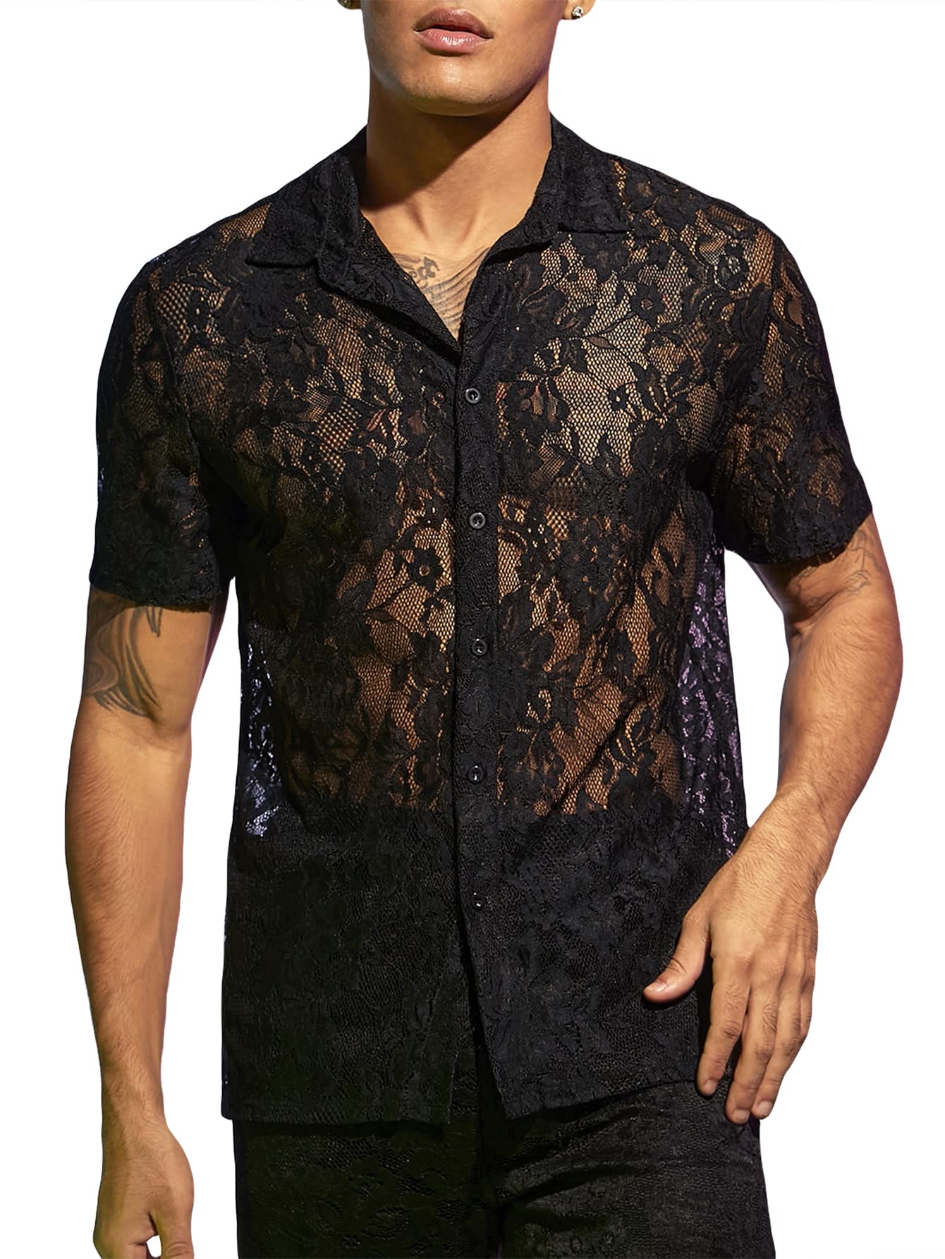 WDIRARA Men's Floral Mesh Tee Top Sheer Round Neck Short Sleeve T Shirts Black Lace XL