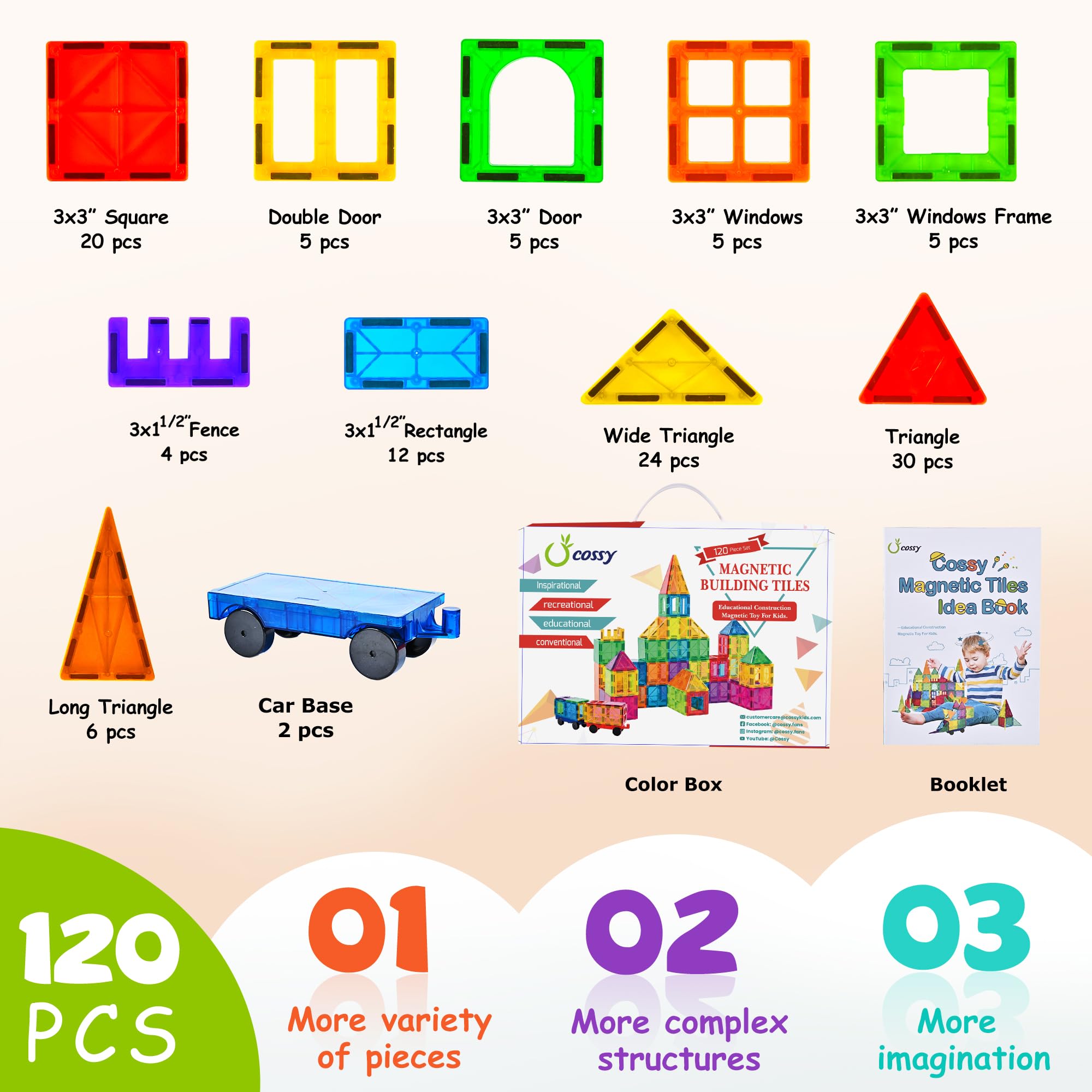 cossy 120Pcs Magnetic Tiles Magnetic 3D Building Blocks Set Educational Construction Toys for 3+ Year Old Kids with Stronger Magnets, Educational Toys, Recreational, Conventional