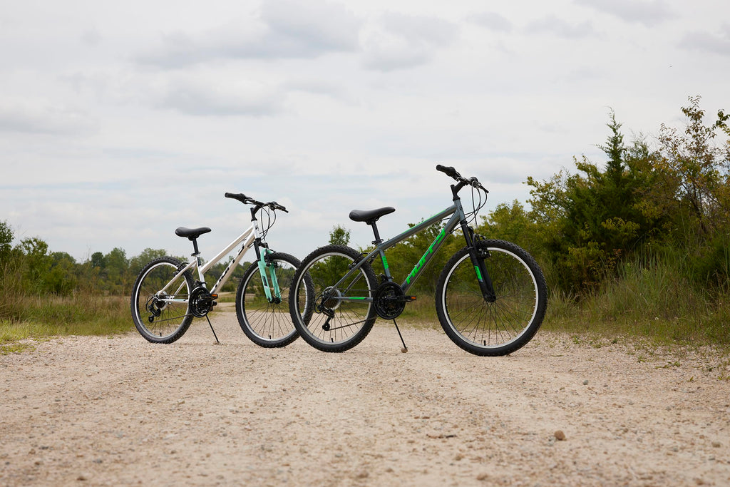 Huffy Stone Mountain Womens 24 Inch Mountain Bike, Metallic Nickel Frame, 21-Speed Shimano Twist Shifting, Front Suspension, Comfort Saddle | 20"/24"/26" Sizes, 6-21 Speeds, Dual Suspension Available