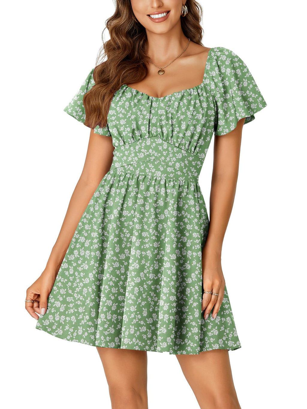 Rooscier Women's Tie Back Square Neck Ruffle Wrap Short Sleeve Flare Mini Dress Green Floral Medium