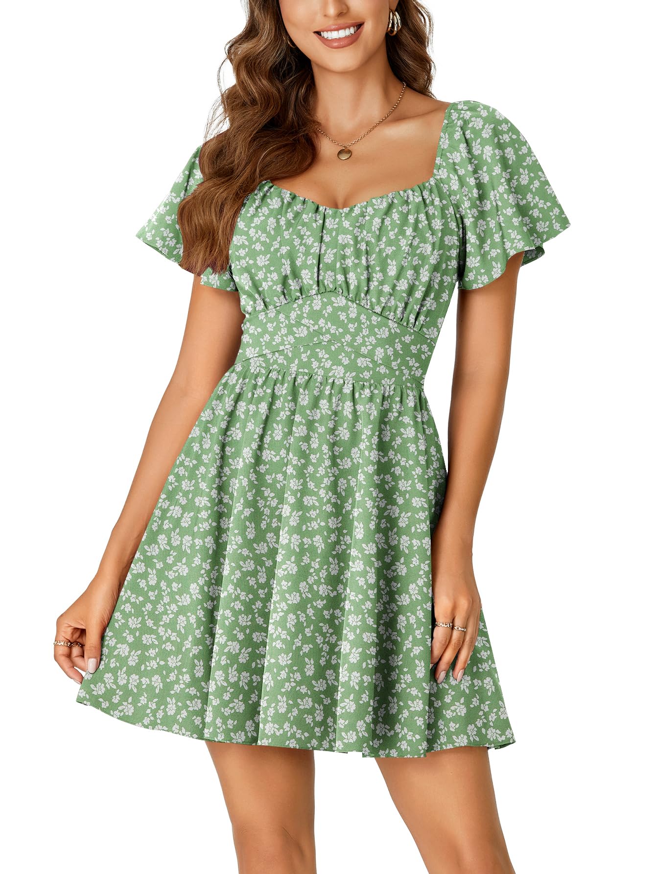 Rooscier Women's Tie Back Square Neck Ruffle Wrap Short Sleeve Flare Mini Dress Green Floral Medium