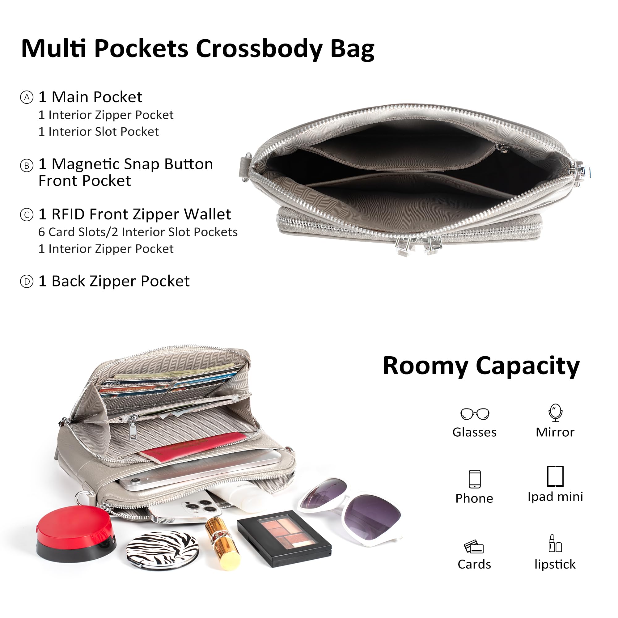 befen Real Leather Crossbody Bags for Women, Womens Small Cross Body Purses Travel Handbags with Built-in Wallet Adjustable Strap Beige Grey
