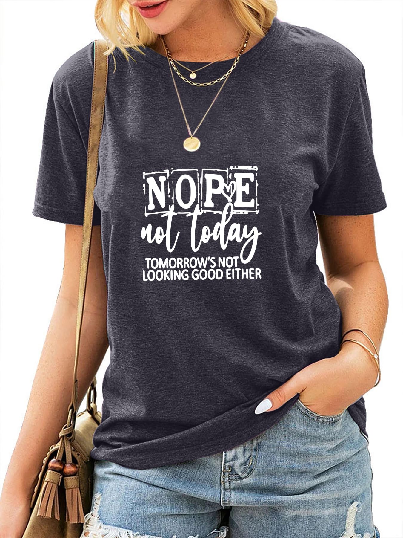 Women Nope Not Today Short Sleeve Printed Fun Print Sleeve T-Shirt Dark Gray