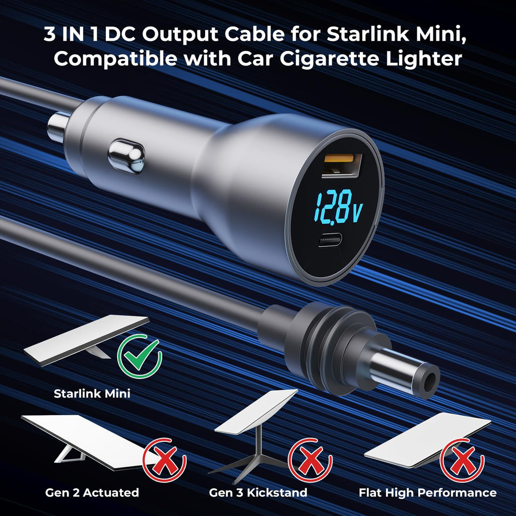 Starlink Mini Cable,Starlink Mini Accessories Car Charger, 3-in-1 DC Power Cable with 12V-48V Cigarette Lighter Adapter,PD 30W + USB-A 30W + DC 72W Car Power Supply for Trucks, RVs, Boats(10Ft)