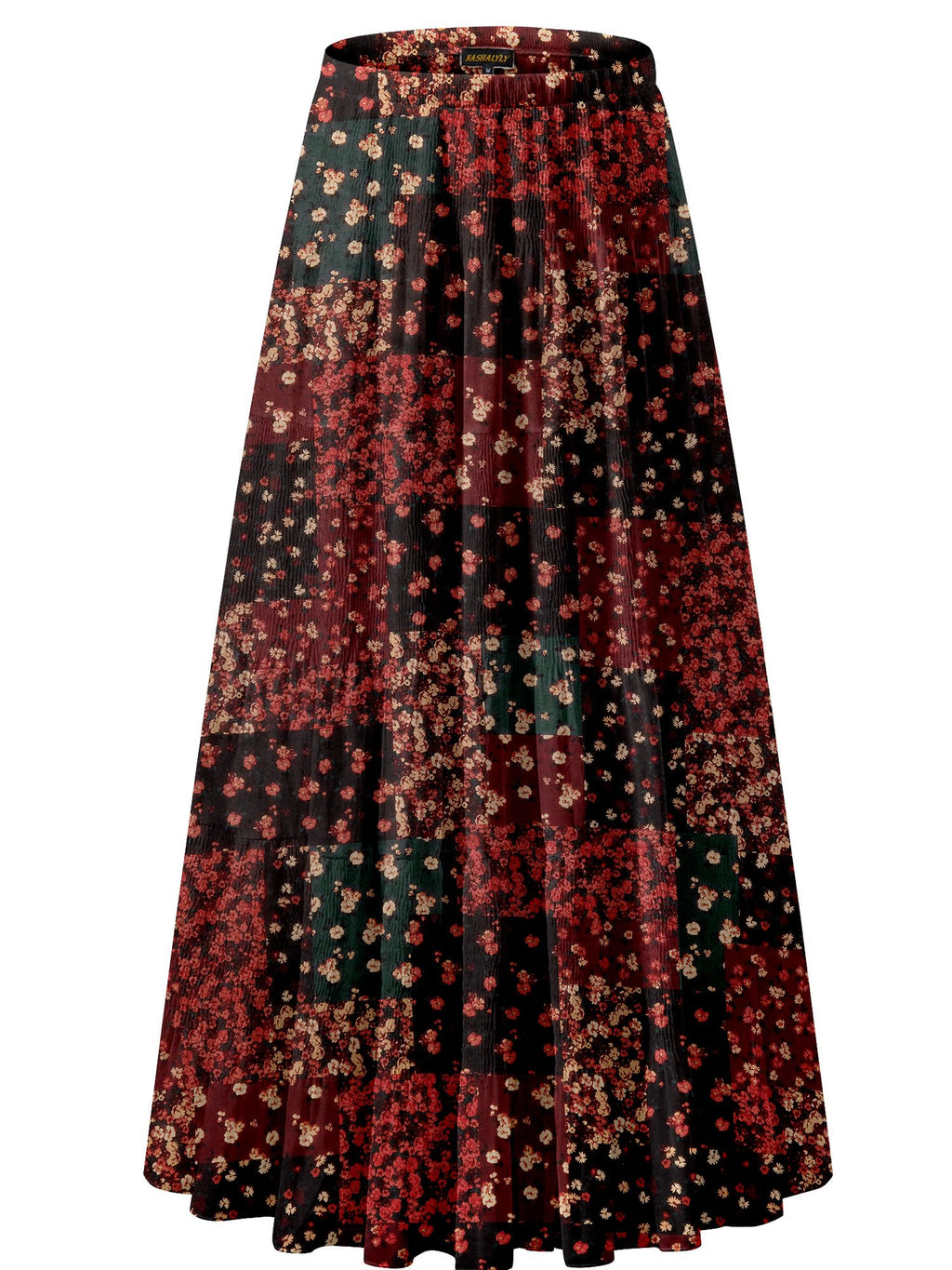 NASHALYLY Women's Chiffon Elastic High Waist Pleated A-Line Flared Maxi Skirts(Flower-215,L)