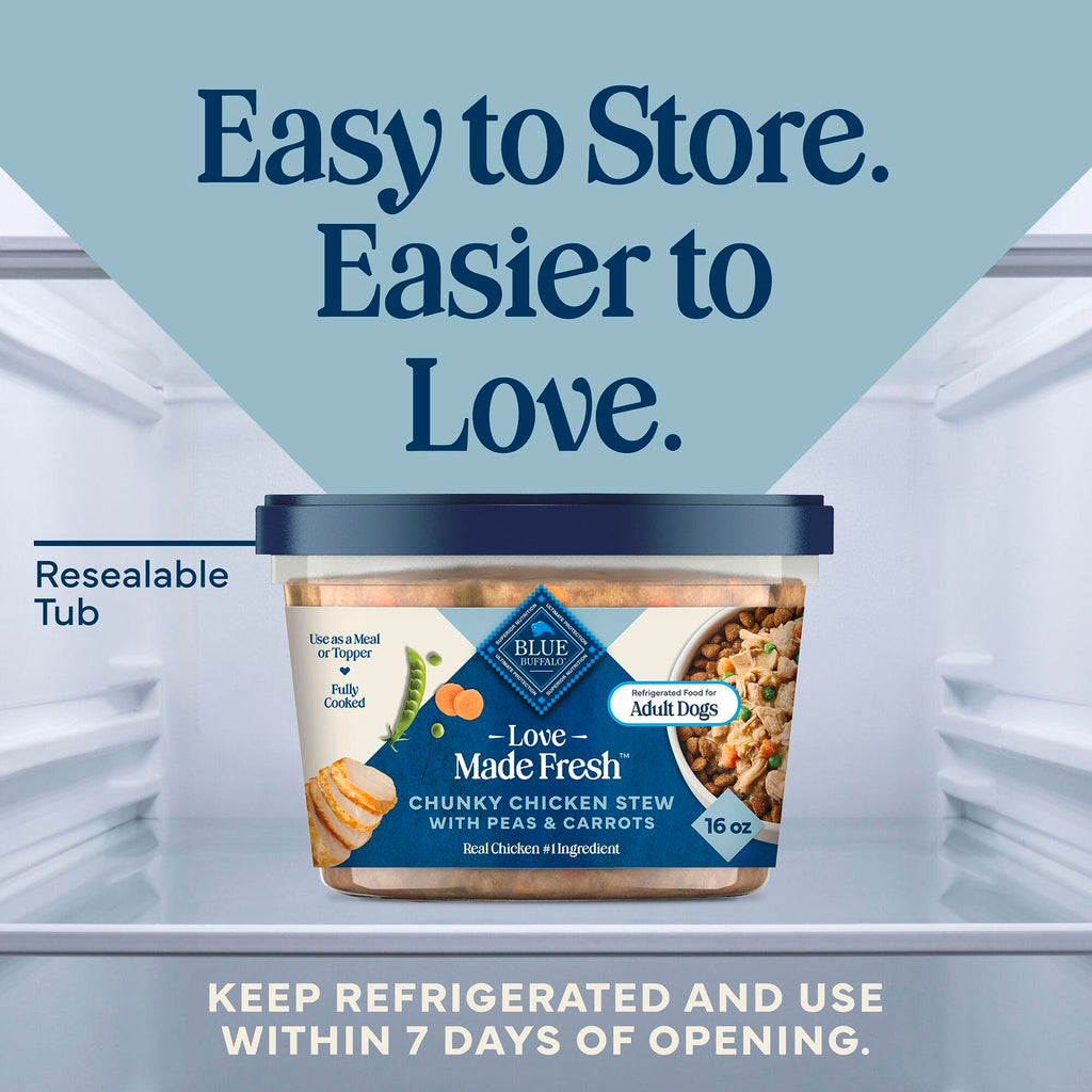 Blue Buffalo Love Made Fresh Natural Adult Dog Food, Refrigerated, Chunky Chicken Stew with Carrots and Peas, Fresh Dog Food, Ready-to-Serve, 1-lb Tub