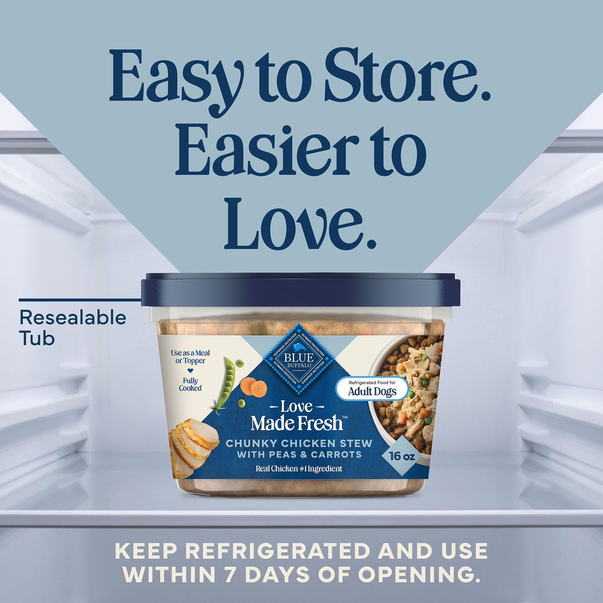 Blue Buffalo Love Made Fresh Natural Adult Dog Food, Refrigerated, Chunky Chicken Stew with Carrots and Peas, Fresh Dog Food, Ready-to-Serve, 1-lb Tub