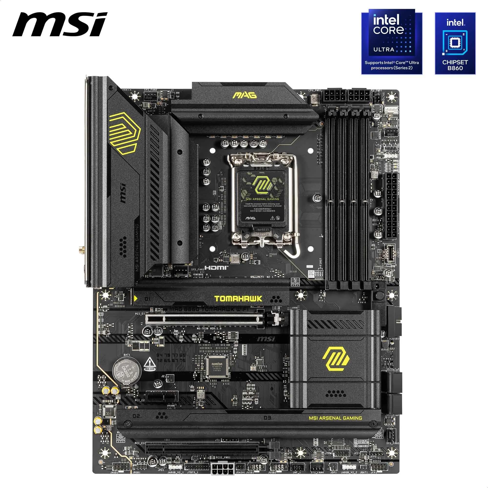MSI MAG B860 Tomahawk WiFi Motherboard, ATX - Supports Intel Core Ultra Processors (Series 2), LGA 1851 - DDR5 Memory Boost 9200+ MT/s OC, 1 x PCIe 5.0 x16, 1 x M.2 Gen5, 5G LAN, Wi-Fi 7