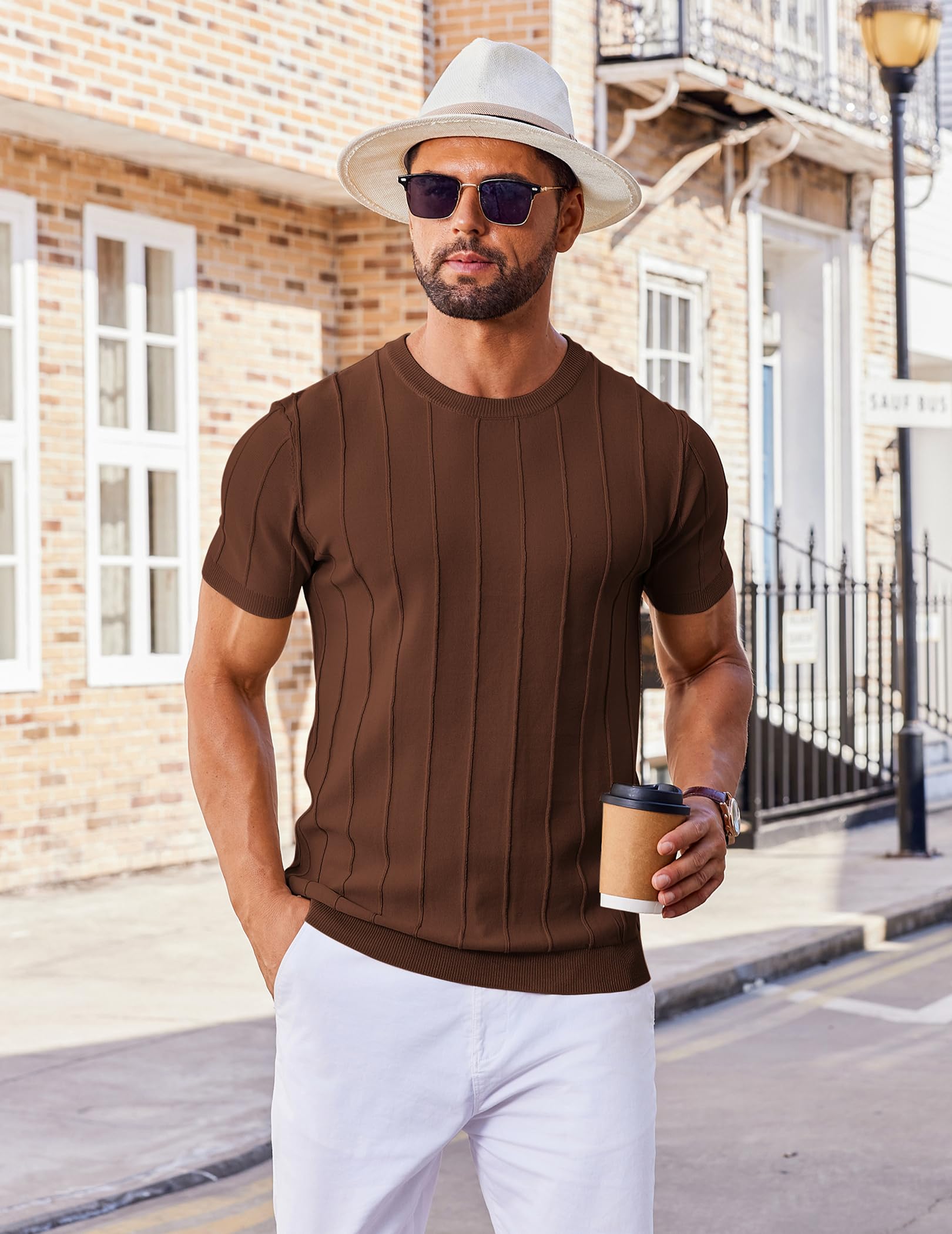 COOFANDY Mens T Shirts Summer Casual Short Sleeve Knitted Shirts Solid Crewneck Sweater Shirts Under Balzer Shirt Brown