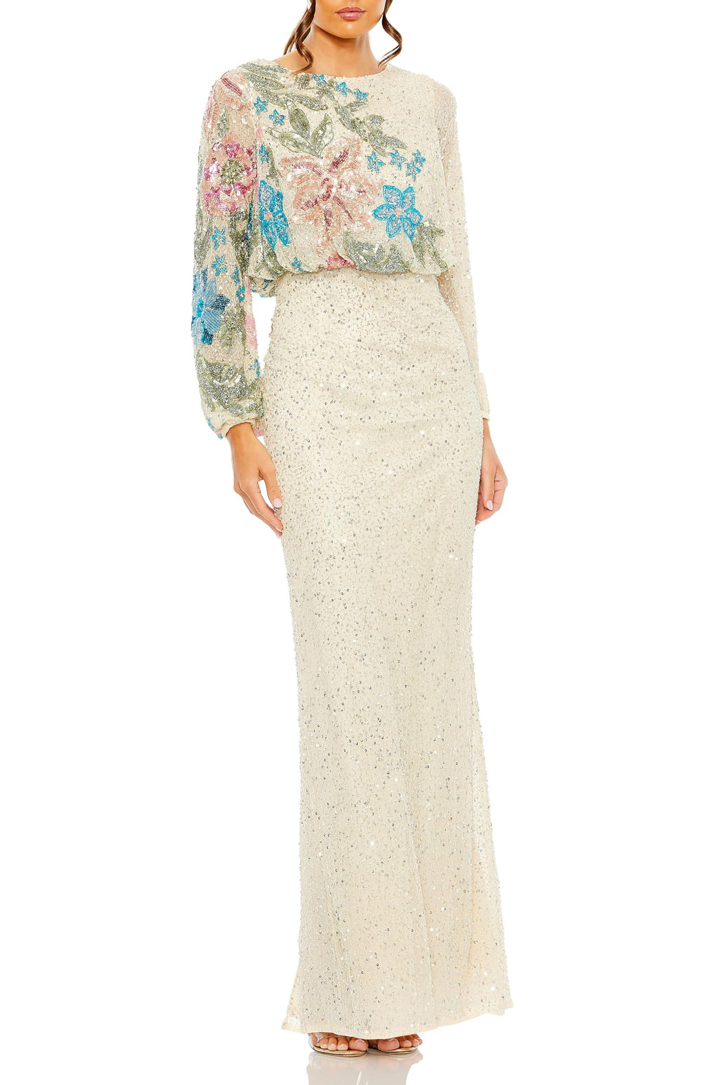 Mac Duggal Beaded Mesh Boat Neck Bishop Sleeve Column Gown