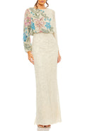 Mac Duggal Beaded Mesh Boat Neck Bishop Sleeve Column Gown