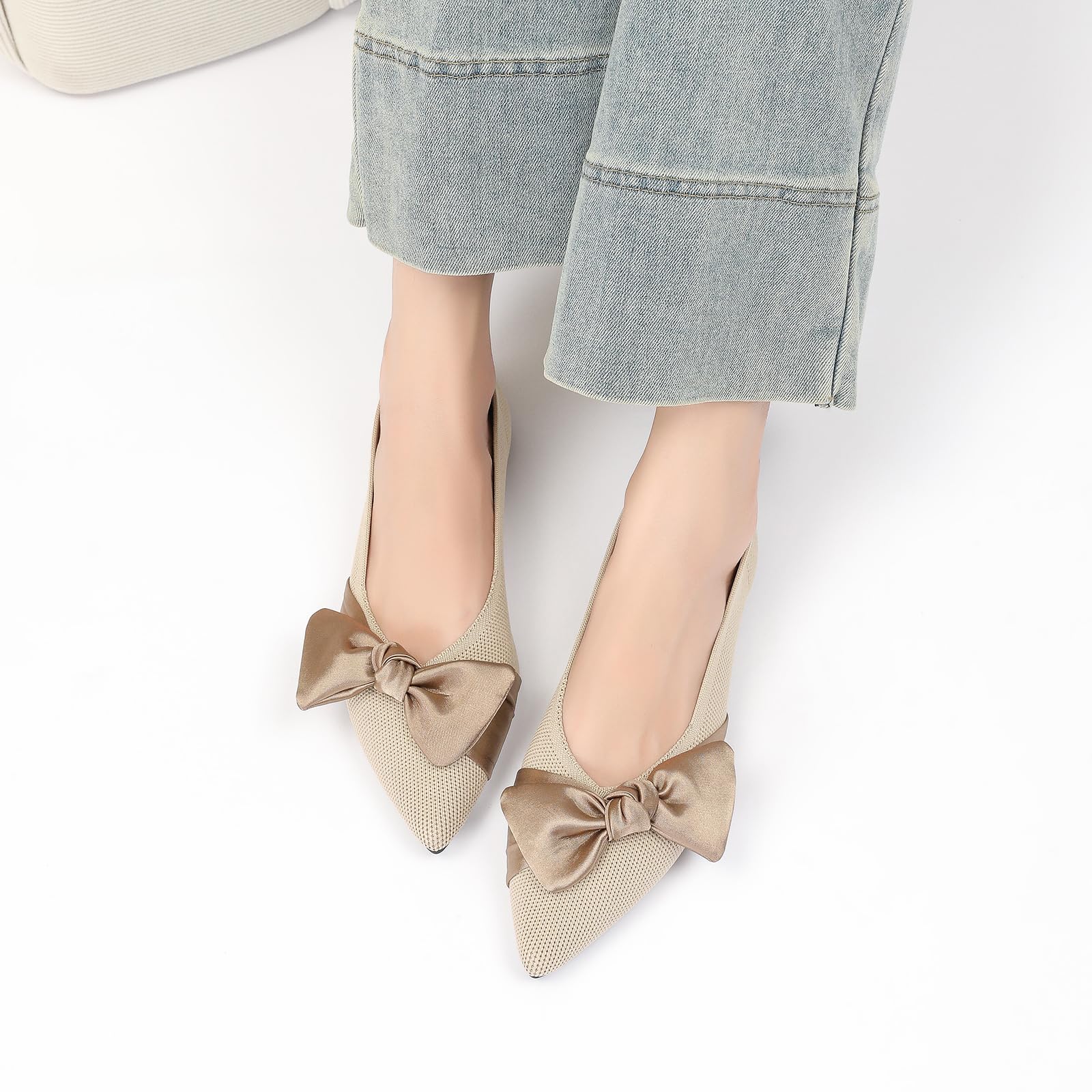 Semwiss Pointed Toe Ballet Flats for Women Slip On Comfortable Flats with Bow Dressy Casual Work Shoes Beige Size 8