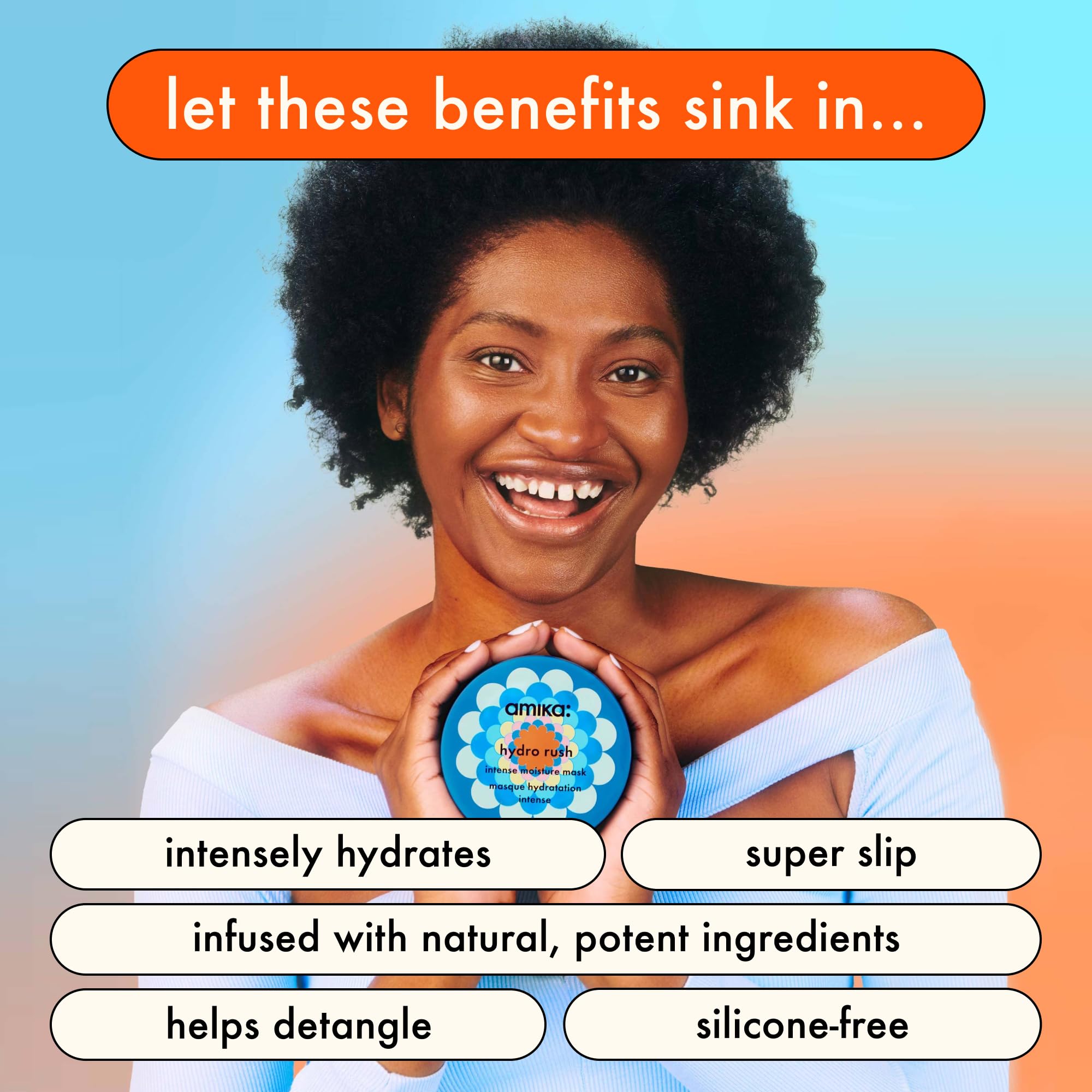 amika hydro rush intense moisture mask with hyaluronic acid, 250ml | for dry, textured, or coarse low porosity hair types 2c-4c, for long-lasting hydration