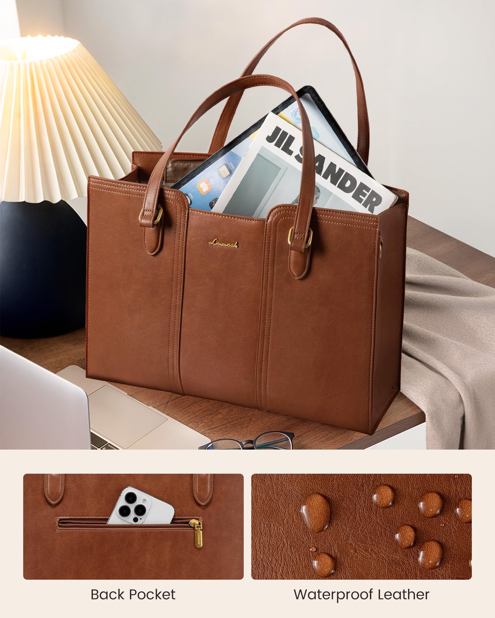LOVEVOOK 15.6 inch Laptop Bag for Women - Waterproof Work Bag for Women & Vintage Laptop tote Bag with Wristlet, Brown