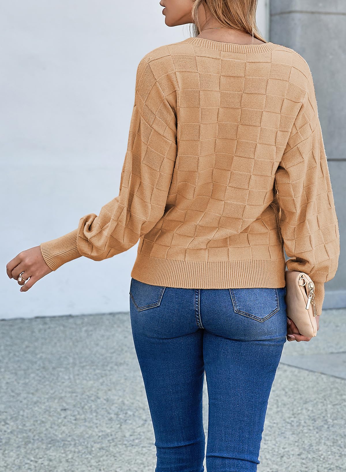 SHEWIN Sweaters for Women Casual Crewneck Long Sleeve Tops Lightweight Knit Oversized Women's Sweaters Spring Clothes for Women Khaki Large