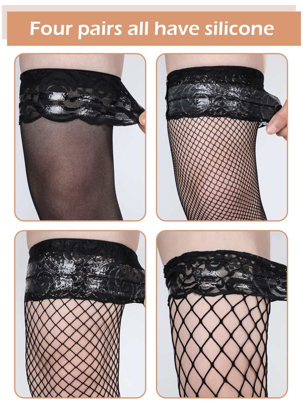 Bencailor 4 Pairs 4/6/12 Pairs Fishnet Thigh High Stocking for Women Silicone Lace Top Sheer Over Knee Stockings (Black,Medium)