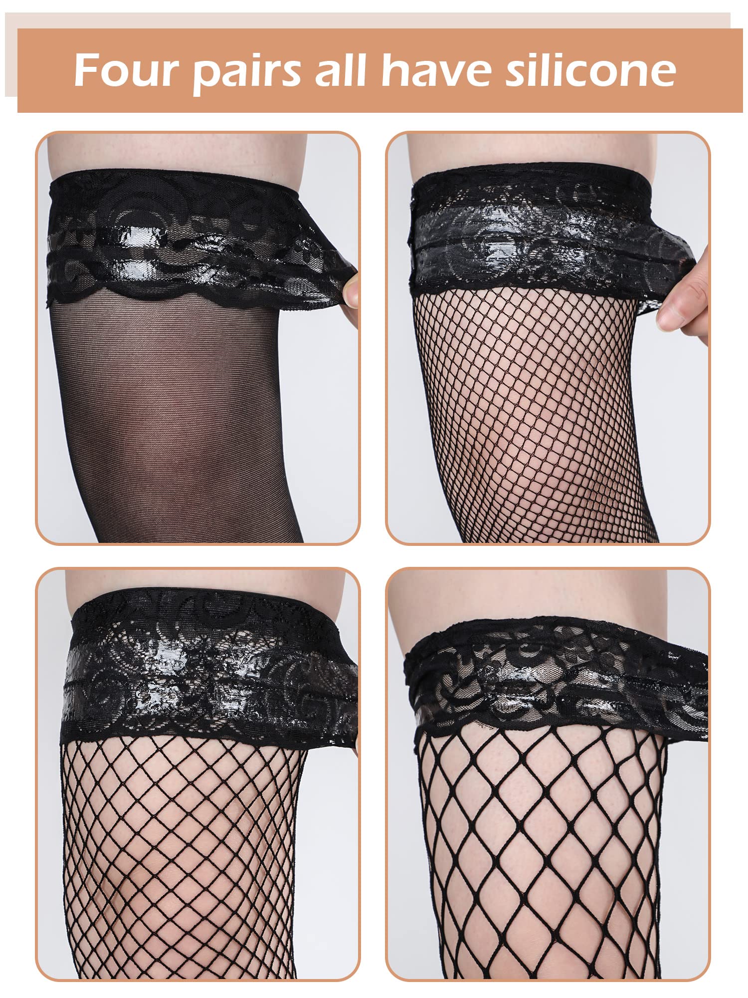 Bencailor 4 Pairs 4/6/12 Pairs Fishnet Thigh High Stocking for Women Silicone Lace Top Sheer Over Knee Stockings (Black,Medium)