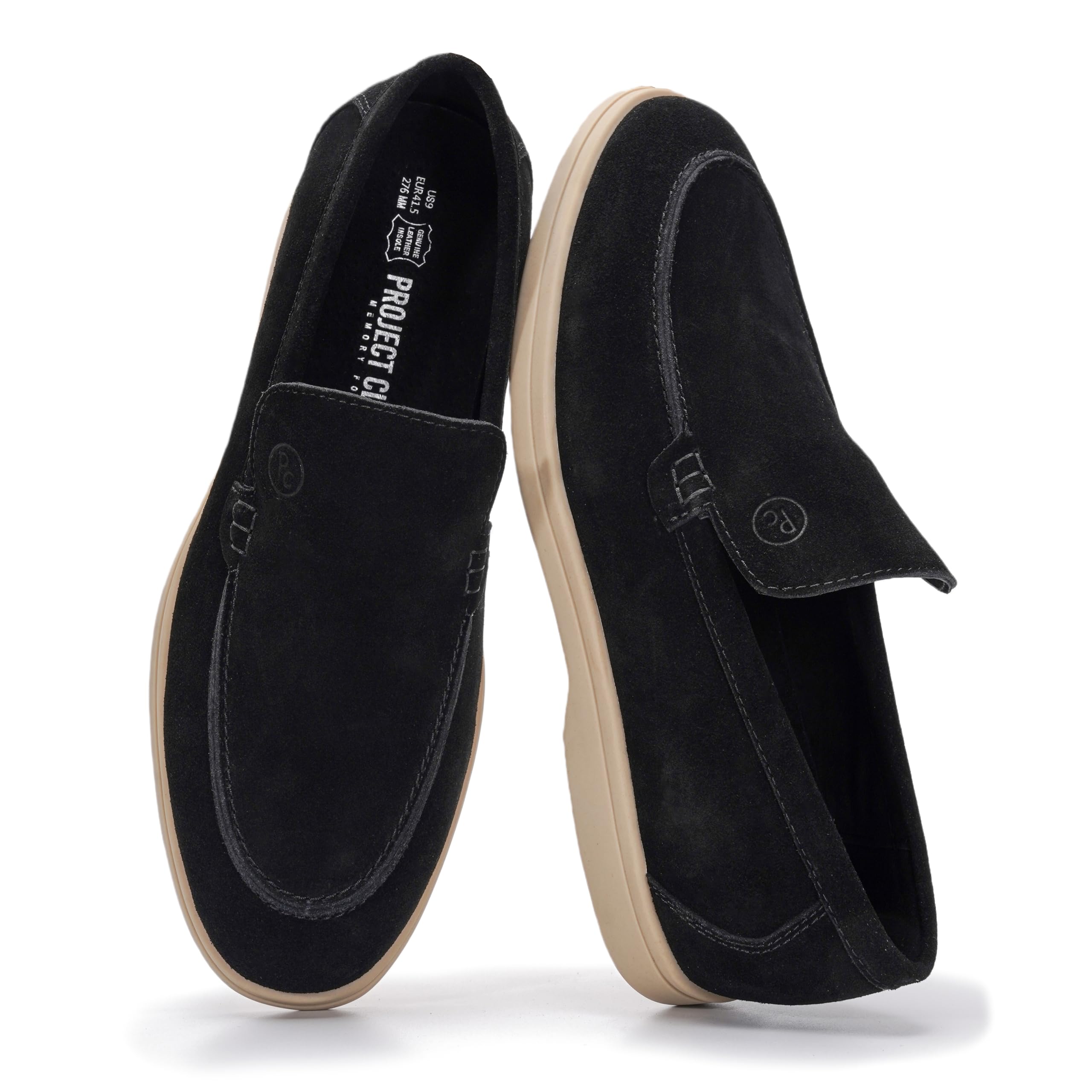 Project Cloud Mens Shoes 100% Genuine Leather Memory Foam Insole Loafers Slip On Shoes for Men - Venetian Men Casual Shoes Loafers for Men (Mark, BLKSDE, 8) Black Suede