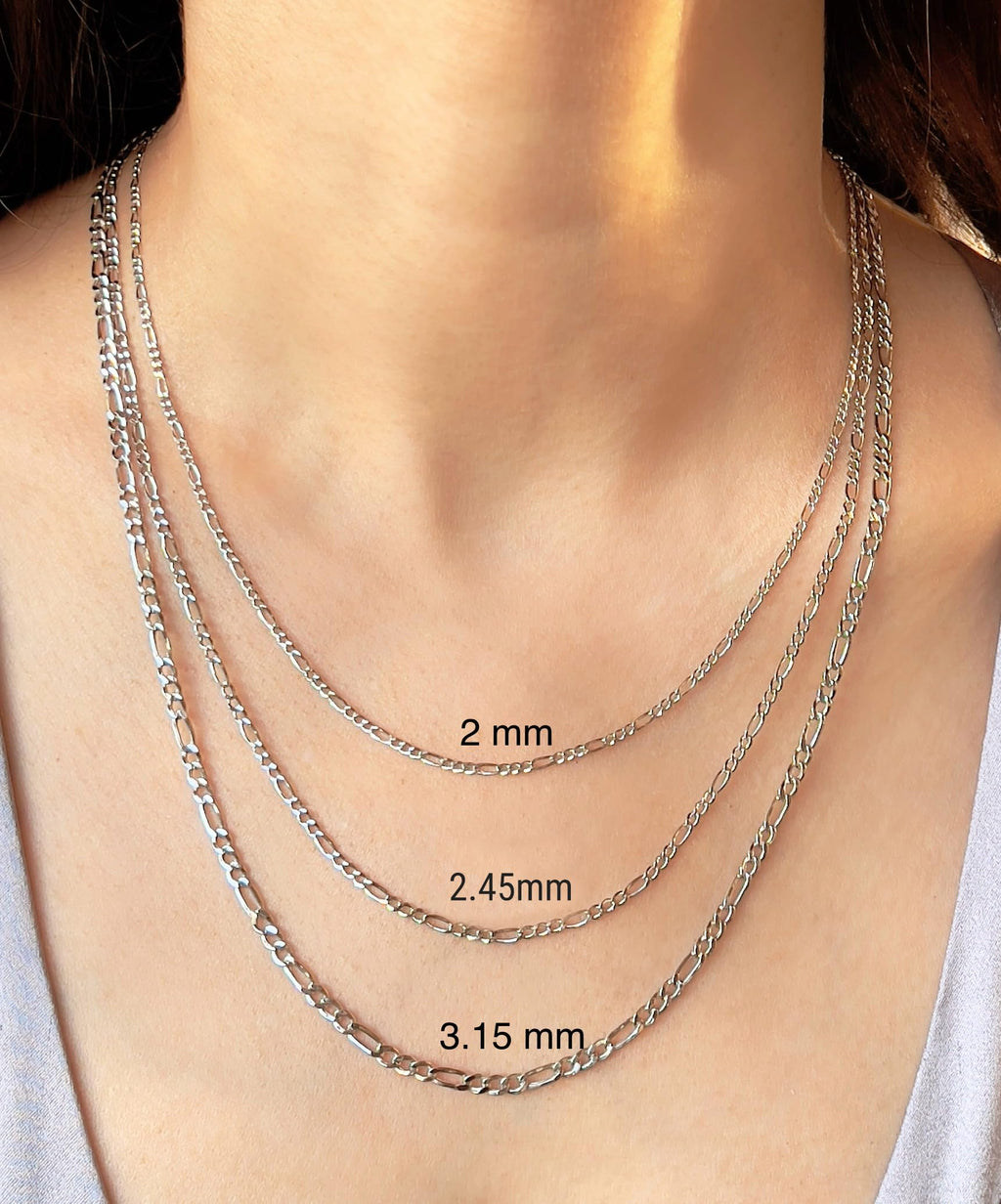 JEWELHEART 14K Real Gold Figaro Chain - 2mm Diamond Cut Cuban Link Figaro Necklace For Men - White Gold Pendant Necklace For Women with Lobster Clasp 16"
