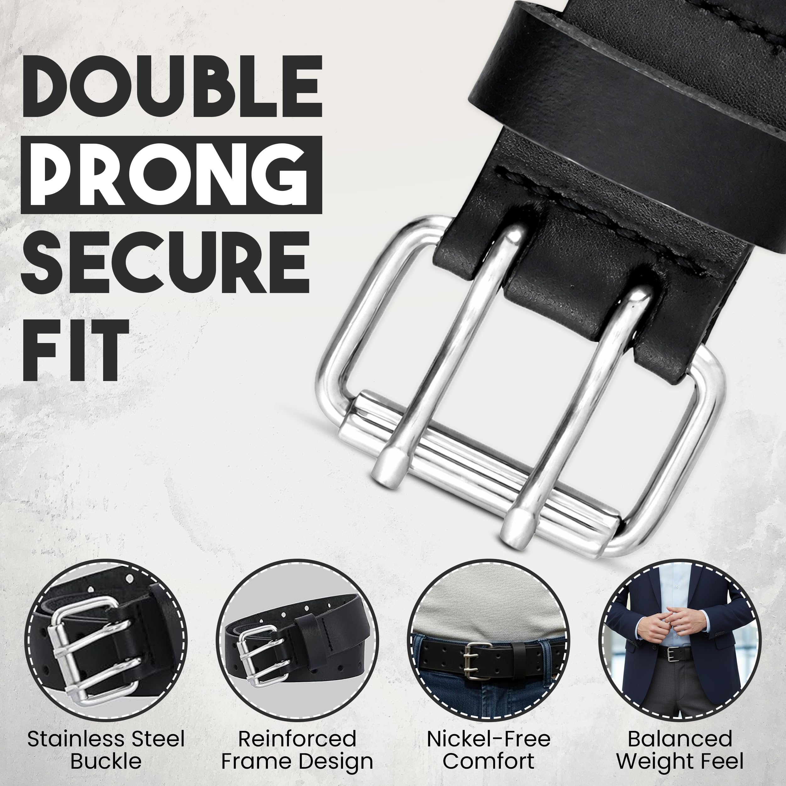 PBF Belts for Men - Double Prong 38mm Full Grain Wide Leather belt for men - Heavy Duty, Crack & Peel & Nickel Free, Adjustable & Comfortable (For Waist 58" - 62", Black)