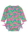 RuffleButts Baby Girls UPF 50+ Sun Protection Tropical Print Long Sleeve One Piece Rash Guard Swimsuit with Zipper - Neon Flamingo Fun, 12-18m