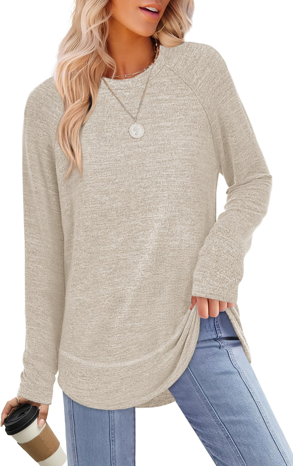 Sampeel Womens Early Fall Fashion 2025 Tunic Tops for Women Loose Fit Dressy Casual Sweaters Long Sleeve Shirts Fall Clothes Comfiest Airport Outfits Beige L
