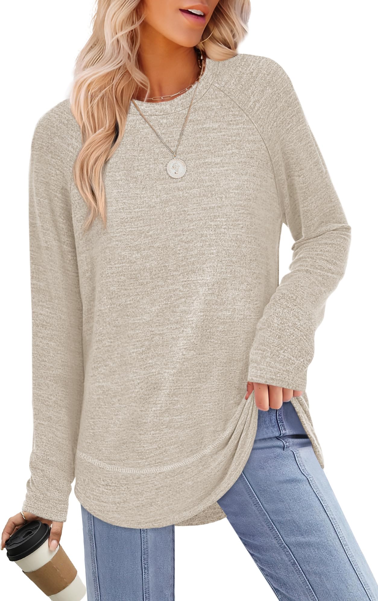 Sampeel Womens Early Fall Fashion 2025 Tunic Tops for Women Loose Fit Dressy Casual Sweaters Long Sleeve Shirts Fall Clothes Comfiest Airport Outfits Beige L