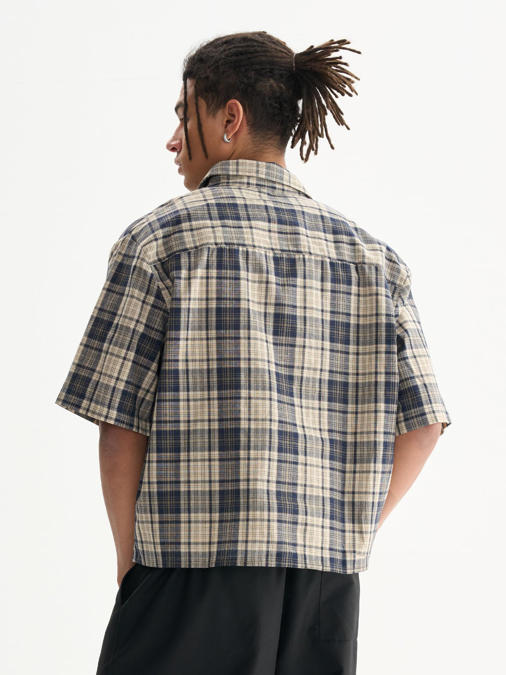 Comfy Quality Boxy Fit Cropped Check Men's T-Shirts Streetwear Short Sleeve Button Down Tops Shirts for Man (US, Alpha, Large, Regular, Regular, Blue)