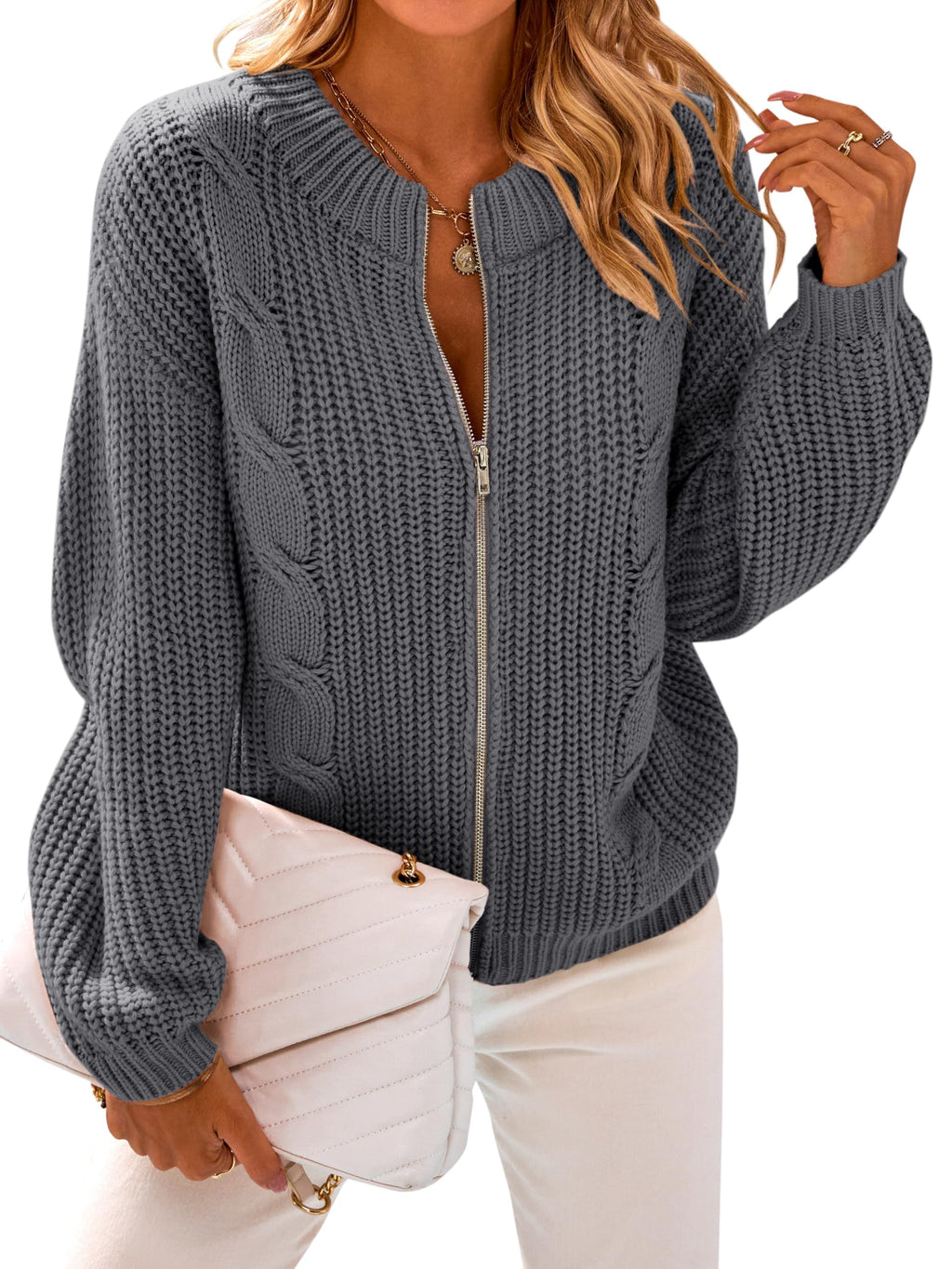 PRETTYGARDEN Women's Casual Long Sleeve Zip Up Open Front Cable Knit Cardigan Sweaters for Women 2025 Fall Sweater (Grey,XX-Large)