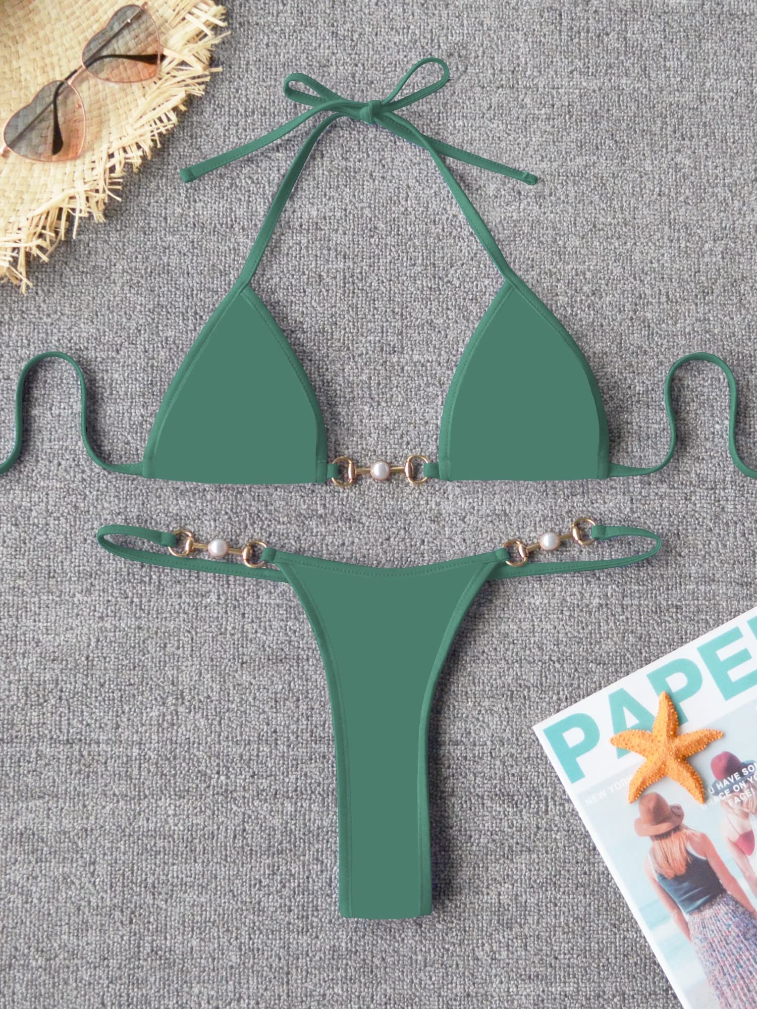 TASHEHE Women's Triangle Thong Bikini Set Sexy Brazillian Two Piece Swimsuit String Bathing Suit - Army Green - Small