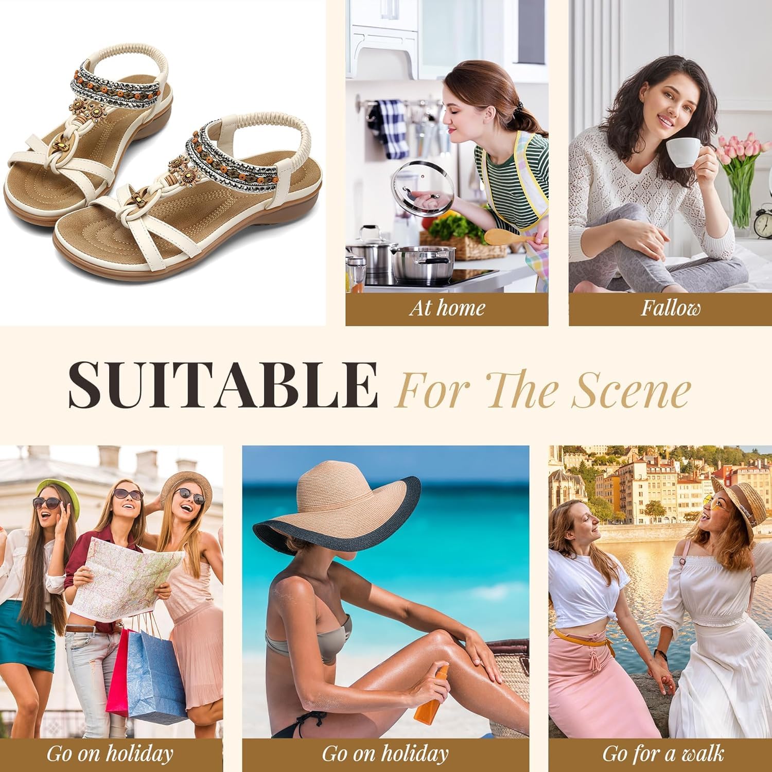 Littleplum Womens Sandals Arch Support Bohemian T-Strap Flower Rhinestone Sandals Women's Non Slip Summer Beach Flat Sandals Cream White Size 8