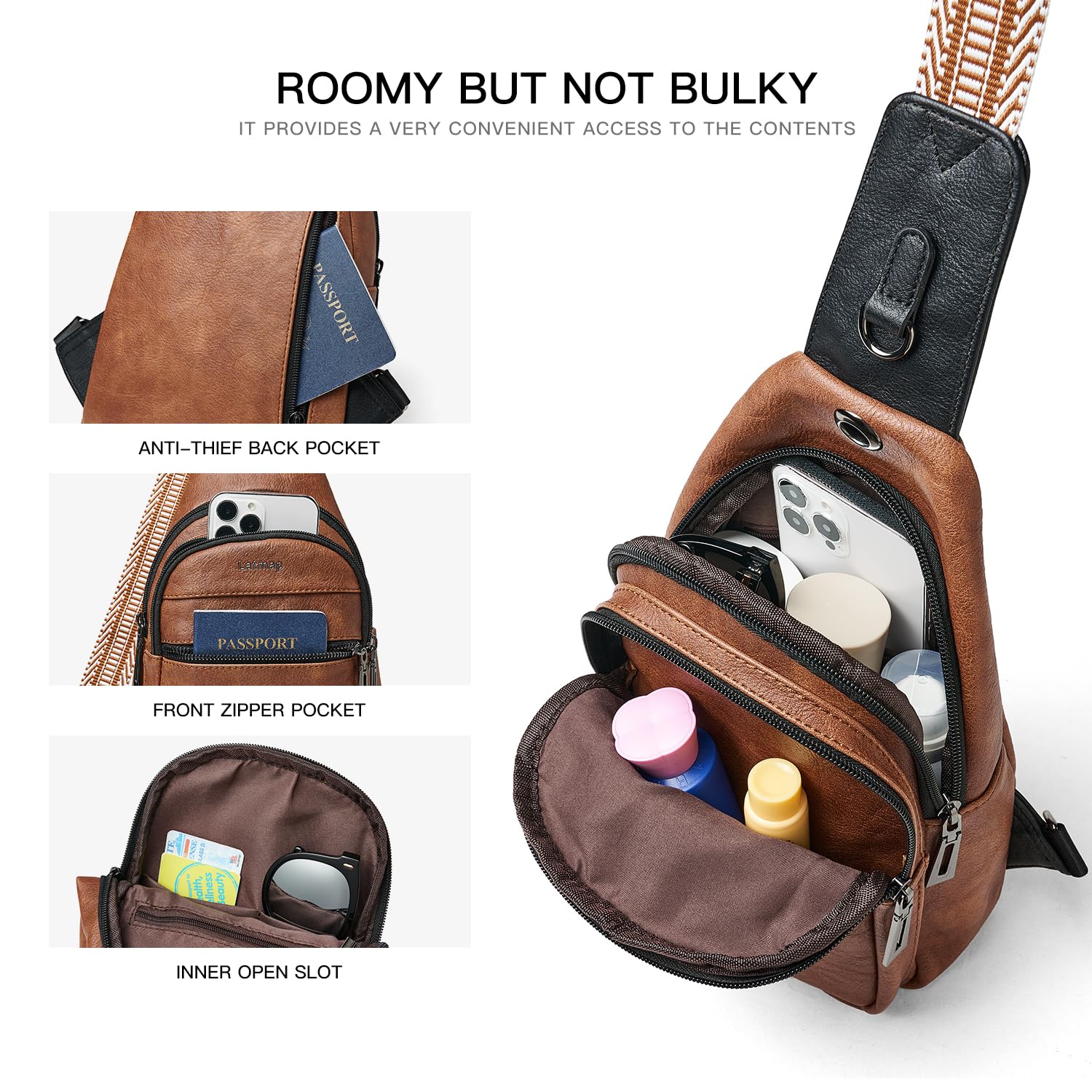 LATMAP 7L Sling Bag For Women Faux Leather Anti Theft Small Casual Daypack Backpack Fanny Pack Crossbody Chest Bags Purse Waterproof