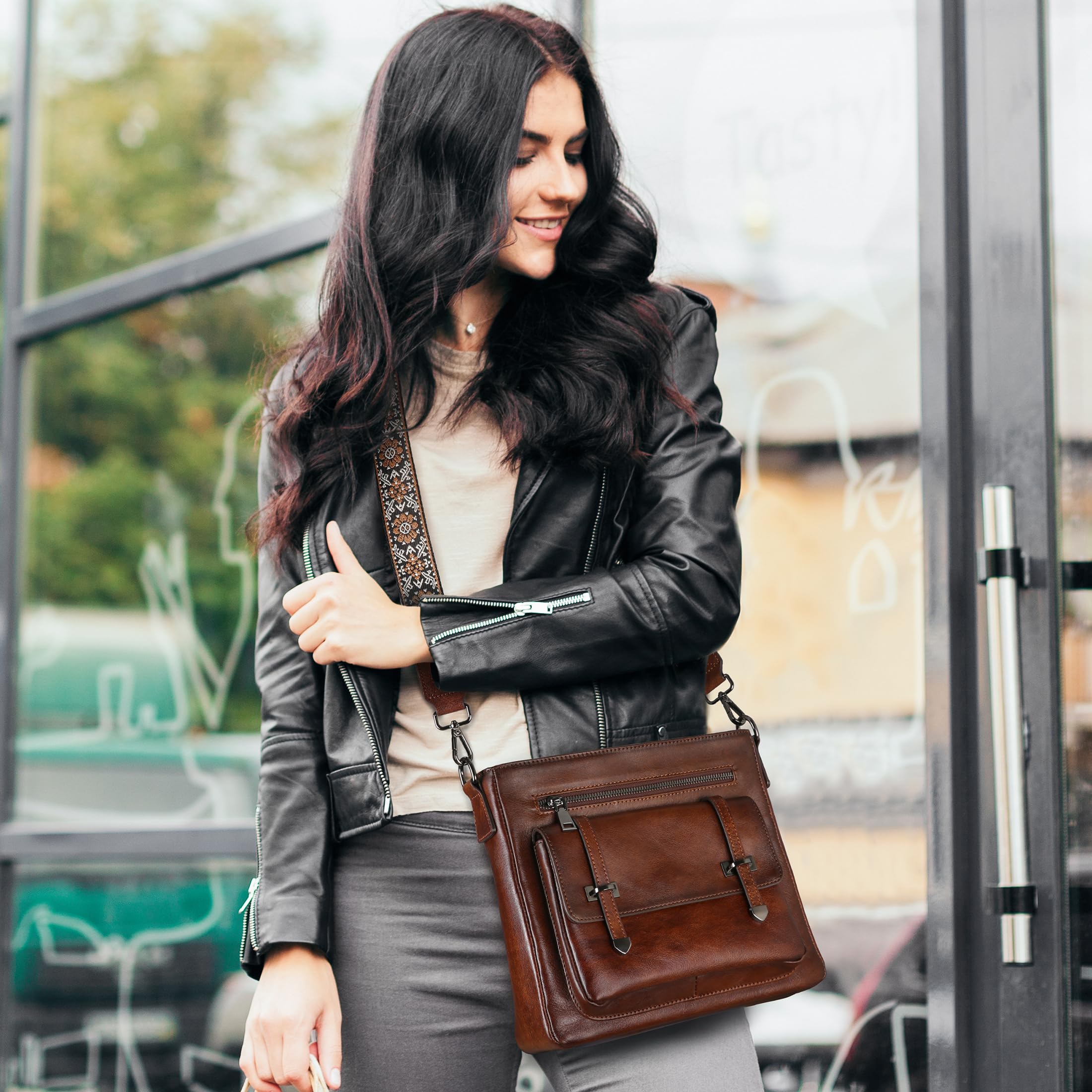 Iswee Soft Leather Crossbody Bags for Women Shoulder Handbags Multi Pocket Travel Purse with Adjustable Strap Medium Size (Coffee)