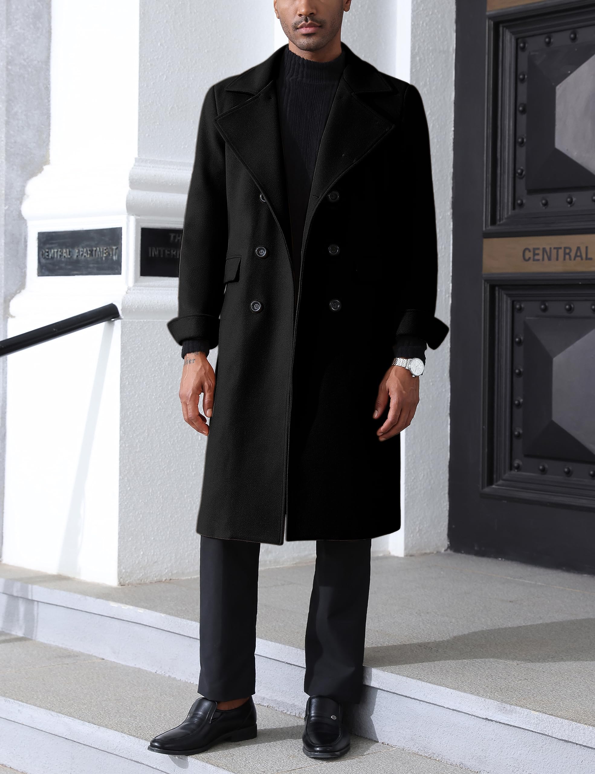 Springrain Men's Pea Coat Double Breasted Overcoat Lapel Coat Classic Long Trench Coat(Black-S)