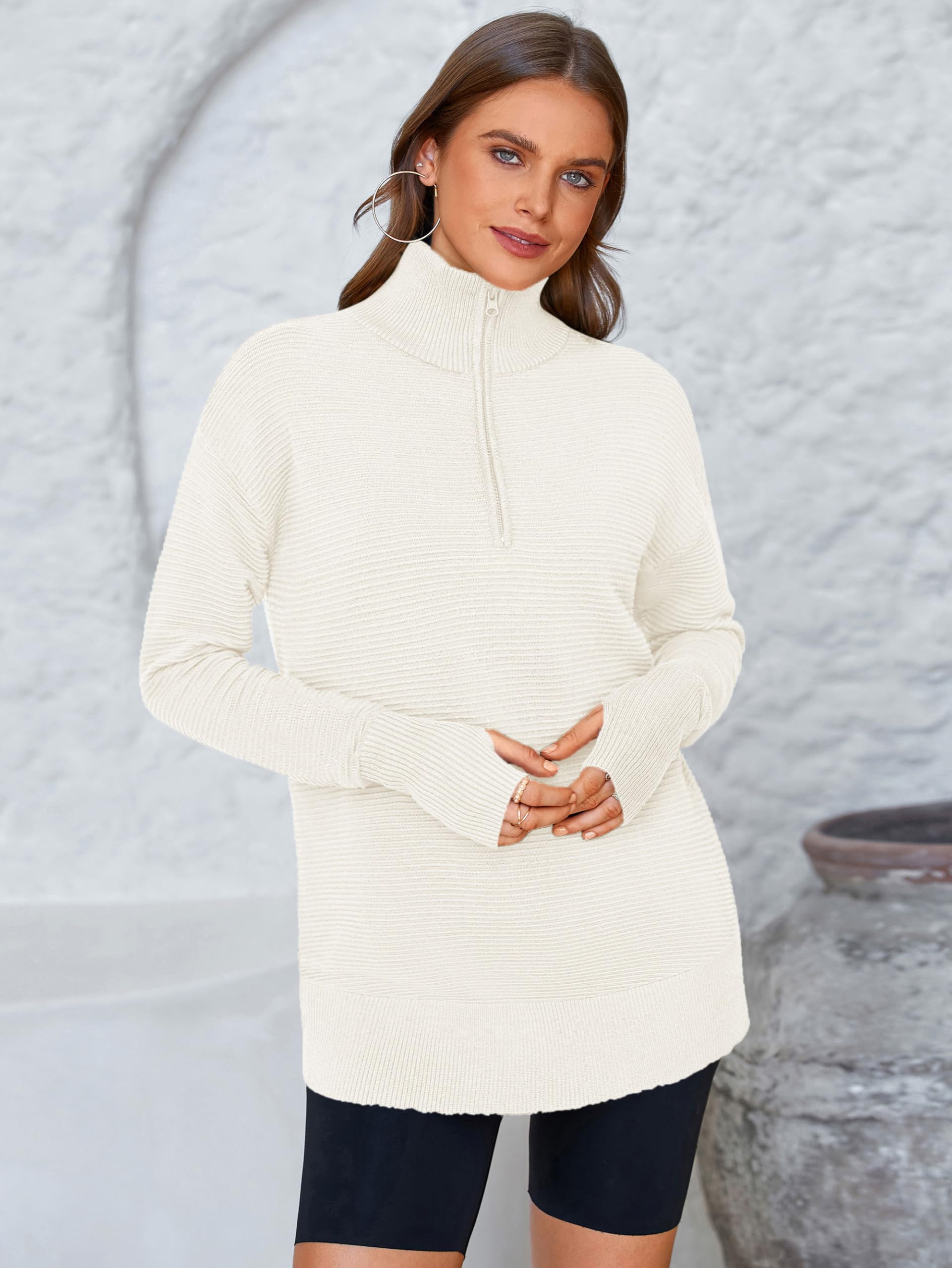 PRETTYGARDEN Womens Long Sleeve Quarter Zip Pullover Sweater Casual Loose V Neck Collared Ribbed Knit Jumper Tops Thumb Hole(White,Medium)