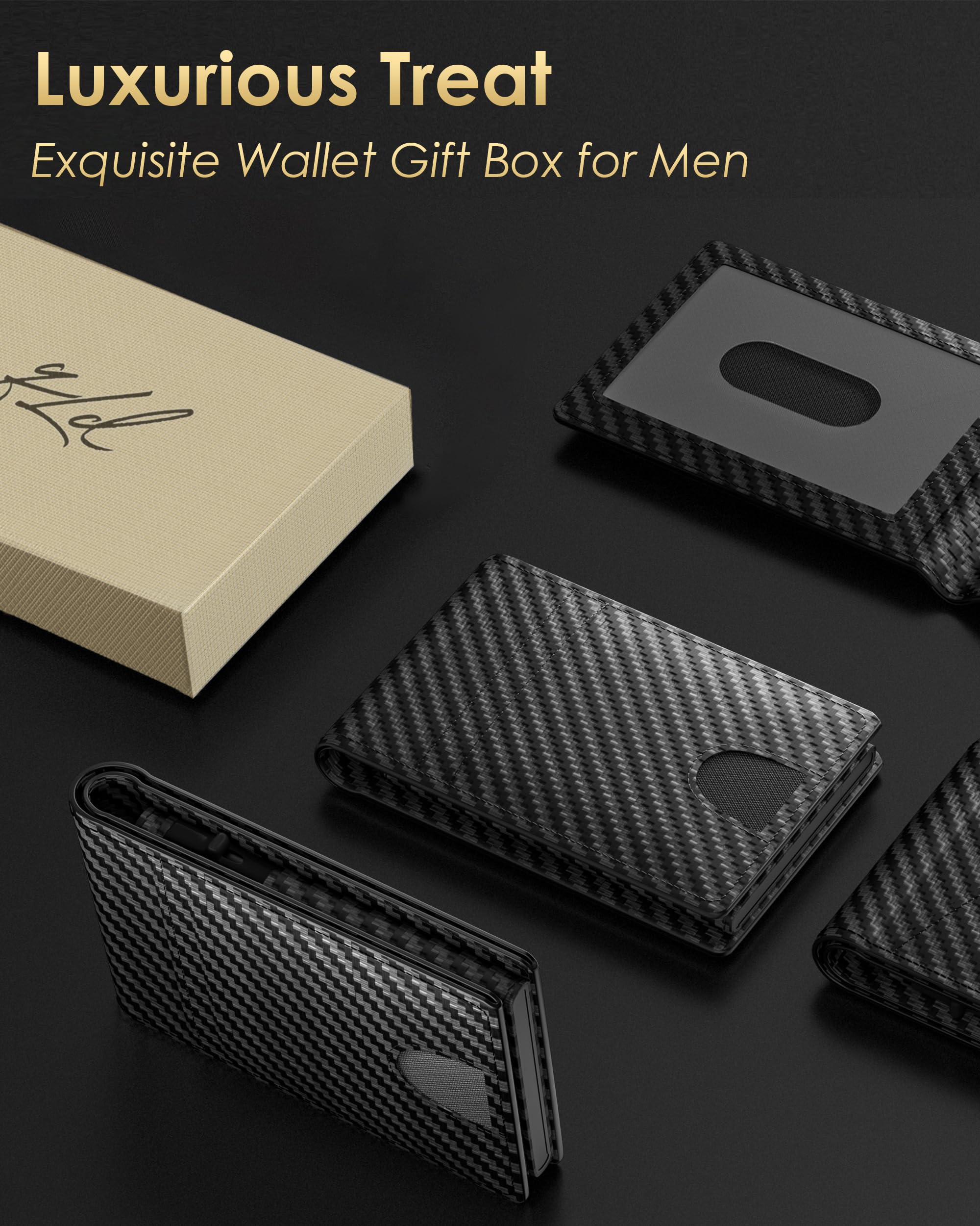 2025 Upgraded Minimalist Wallet for Men - RFID Blocking Credit Card Holder Case Leather Pop Up Aluminum Wallet with Cash Slot, Front Pocket ID Window Gift Boxed (Carbon Fiber - with Airtag Holder)