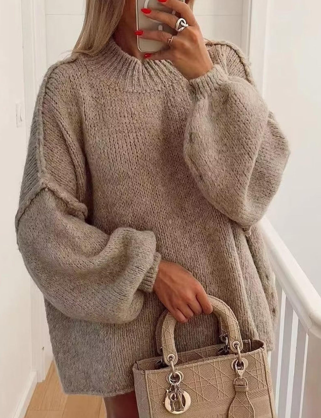 TIQOJE Women's Oversized Crewneck Fall Sweaters for Women 2024 Long Sleeve Fuzzy Knit Chunky Pullover Sweater(Khaki-S)