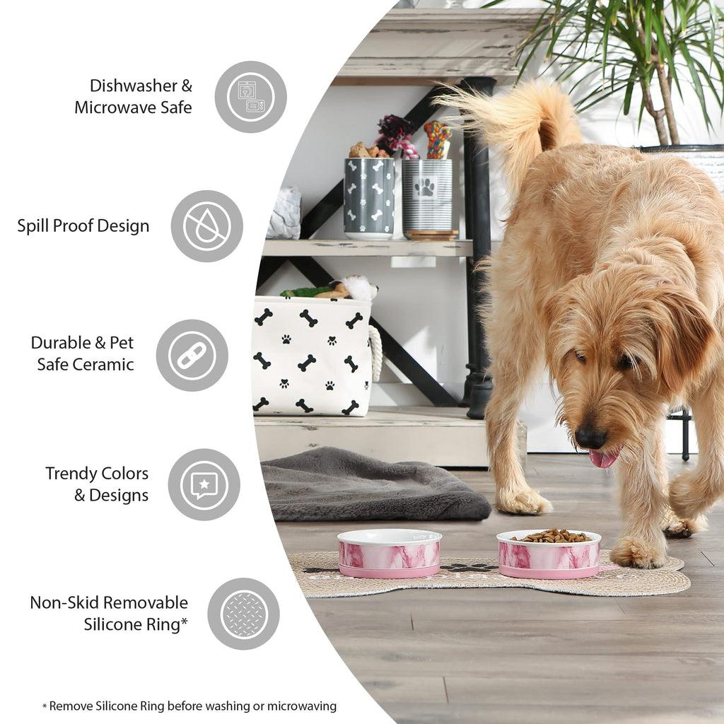 Bone Dry Ceramic Food Bowls, Non-Slip & Dishwasher Safe, Large Set, 7.5x2.4, Rainbow Paw, 2 Count
