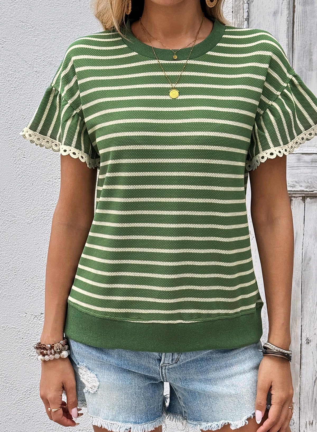 SHEWIN Women Summer Tops Ruffle Short Sleeve Shirts Business Dressy Blouse Casual Fashion Trendy Sweaters Loose Fit Work 2026 Clothes Size L, Beige and Green Stripe
