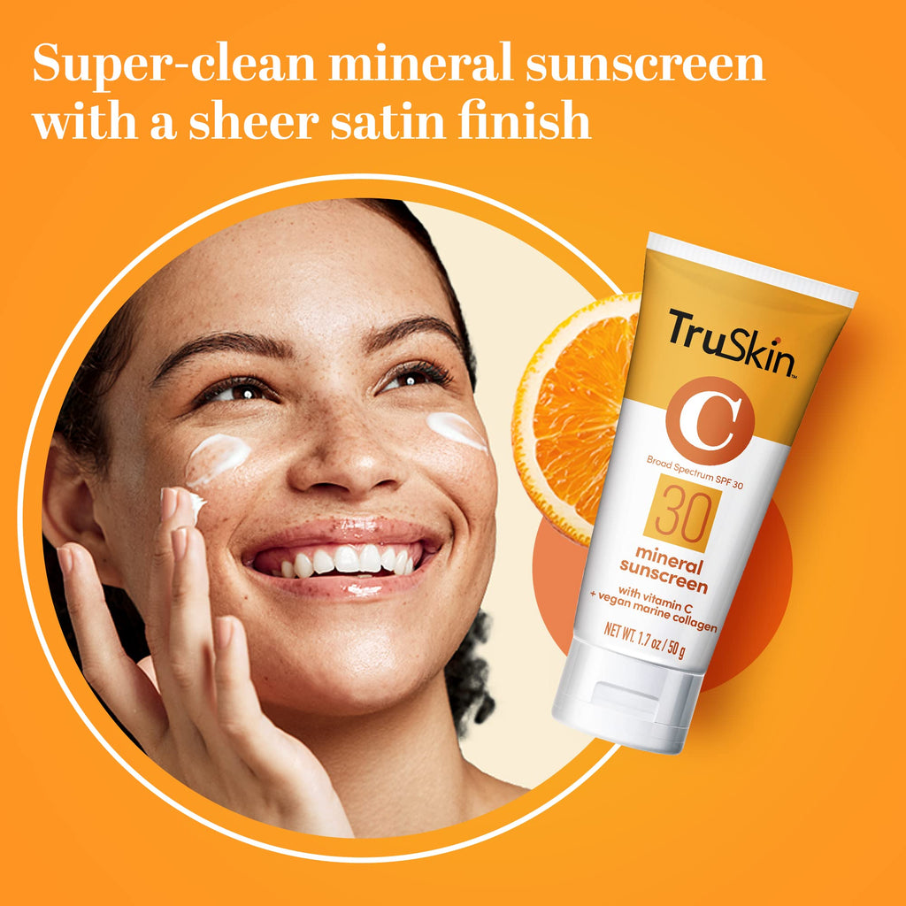 TruSkin Mineral Sunscreen SPF 30 for Face - Zinc Oxide Broad Spectrum Protection with Squalane, Vitamin C & Marine Collagen - Reef-Safe Mineral Face Sunscreen for Sensitive Skin, 1.7 fl oz