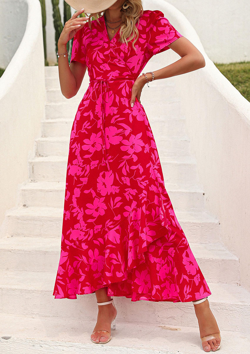 PRETTYGARDEN Women's Summer Wrap Maxi Dress Casual Boho Floral V Neck Short Sleeve Ruffle Hem Split Beach Long Dresses (Red Floral,Large)