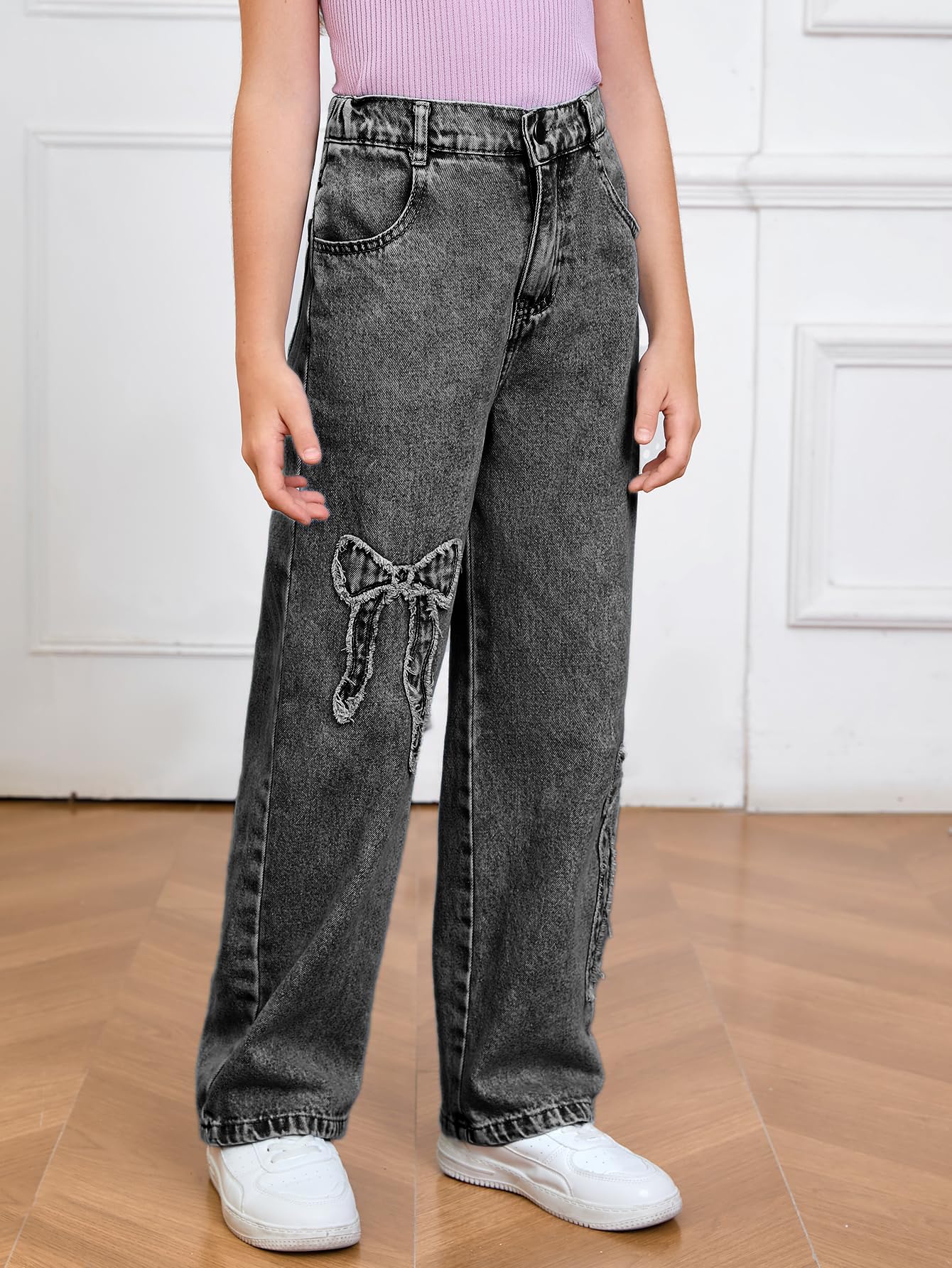 WDIRARA Girl's Bowknot Print Washed Jean Elastic Waist Denim Pants Straight Leg Trousers with Pockets Black 15Y