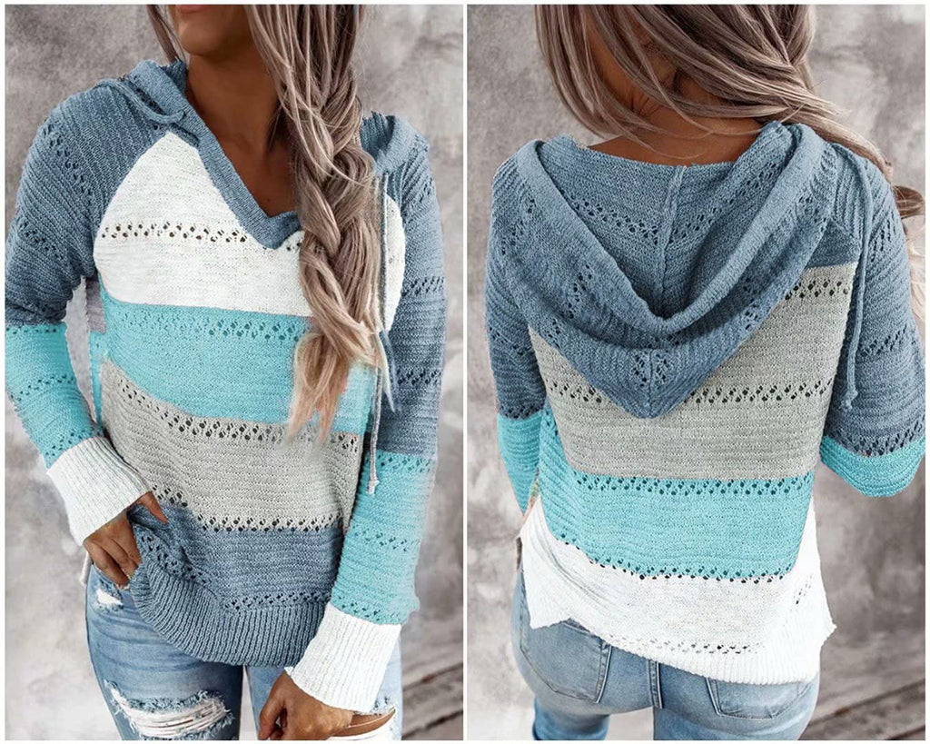 BLENCOT Women's Casual Color Block Hoodies Sweater Long Sleeve Drawstring Pullover Sweatshirts Fashion Knitted Tops Blue L