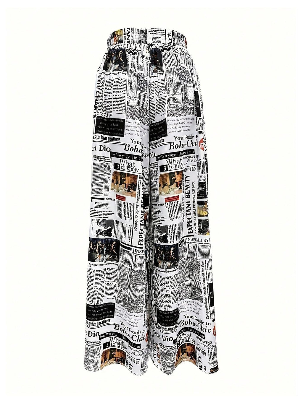 WDIRARA Women's Newspaper Print Wide Leg Pants Elastic Waist Loose Funky Letter Print Palazzo Pants Multicolor Large