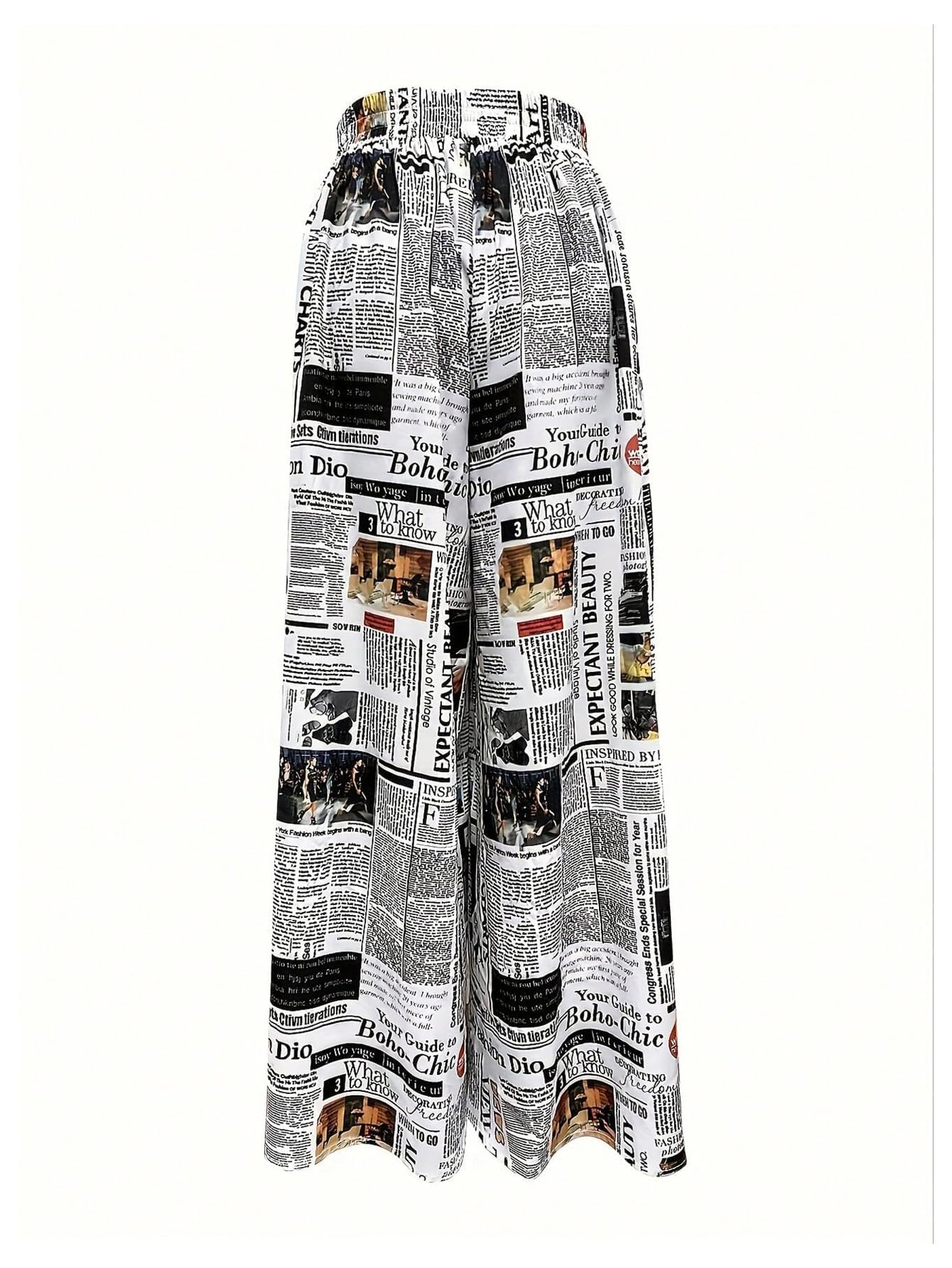 WDIRARA Women's Newspaper Print Wide Leg Pants Elastic Waist Loose Funky Letter Print Palazzo Pants Multicolor Large