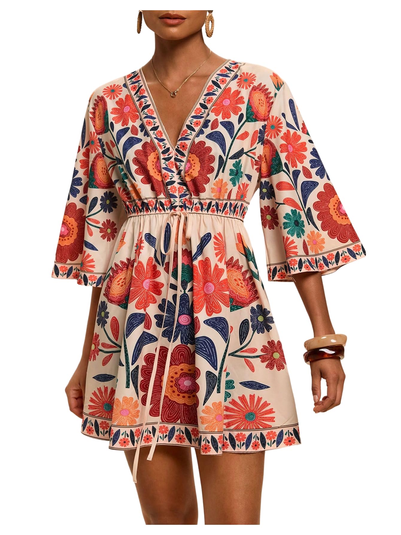 WDIRARA Women's Floral A Line Short Dress V Neck 3/4 Sleeve Flowy Dresses Boho Beach Vacation Multicolored Flower X-Large
