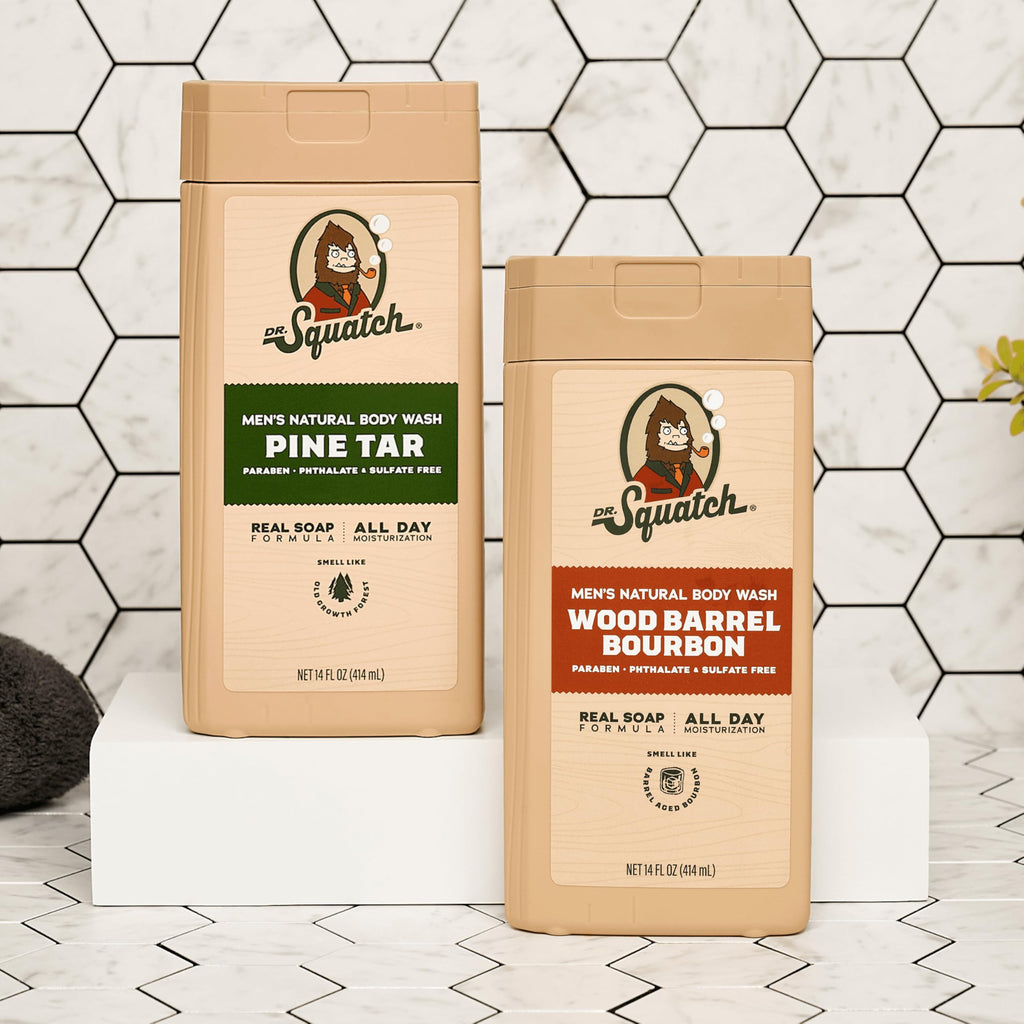Dr. Squatch Natural Men's Body Wash Shower Gel - Cleansing, Nourishing, Long Lasting Scent, Moisturizing Body Wash for Men - Pine Tar + Wood Barrel Bourbon (14 oz, 2-Pack)