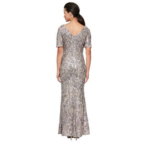 Alex Evenings Women's Long Sequin Dress with Flutter Sleeves, Mink, 6